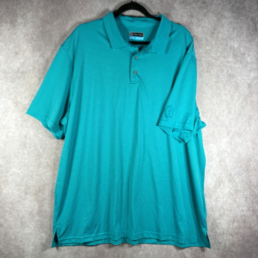 PGA Tour Polo Shirt Mens XXL Teal Striped Golf Short Sleeve Performance Athletic